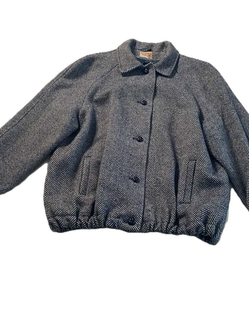 Vintage International Scene Wool Herringbone Bomber Jacket Gray Academic L/XL